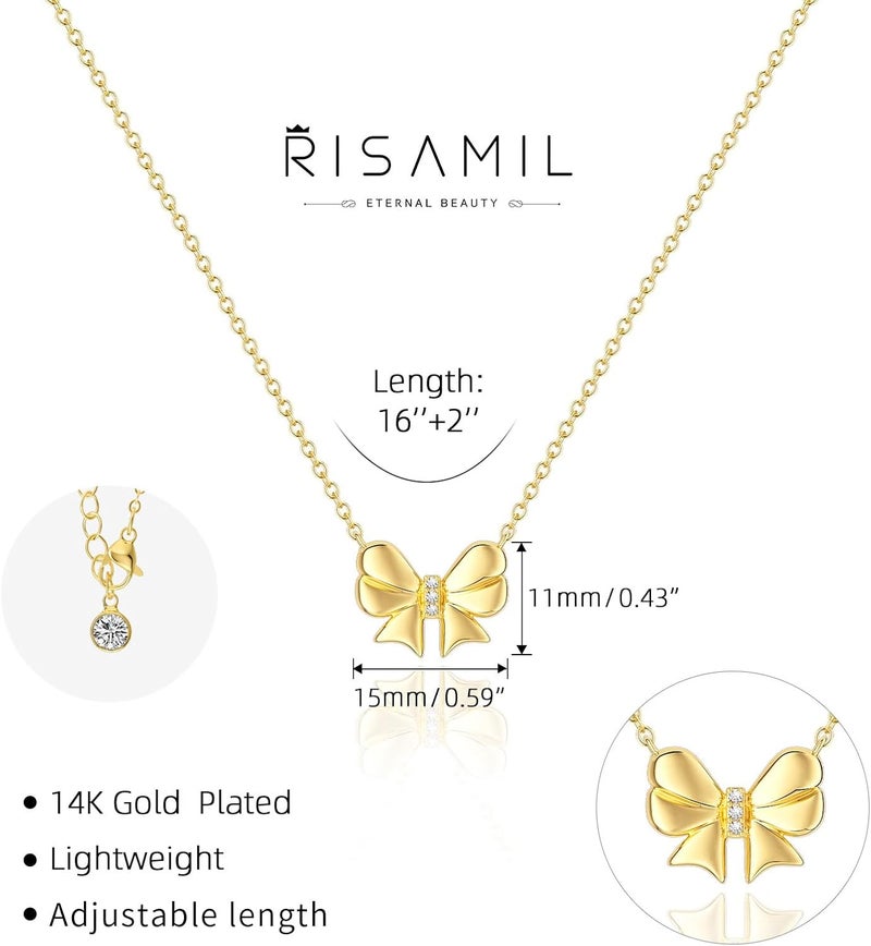Risamil Store 14K Gold Plated Necklace for Women - Bow Necklace - Dainty Necklace Cute Small Tiny Bow Pendant Choker Chain Necklace Trendy Necklaces for Women Jewelry Gift - Image 3